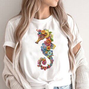 Floral Seahorse Tee, Ocean Animal Shirt
